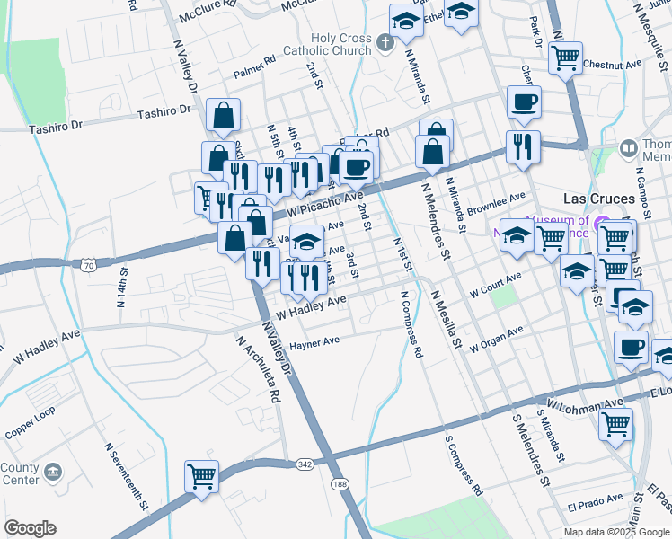 map of restaurants, bars, coffee shops, grocery stores, and more near 1048 McFie Avenue in Las Cruces
