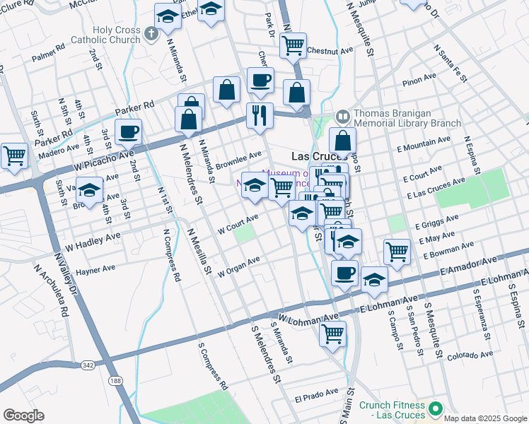 map of restaurants, bars, coffee shops, grocery stores, and more near 402 West Court Avenue in Las Cruces