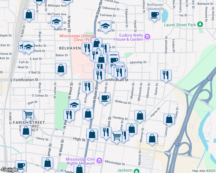map of restaurants, bars, coffee shops, grocery stores, and more near 953 North Street in Jackson