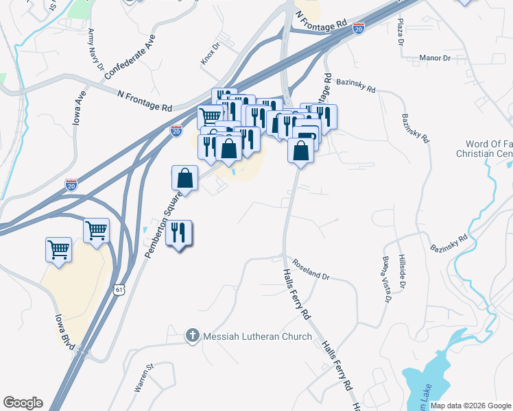 map of restaurants, bars, coffee shops, grocery stores, and more near 122 Williams Road in Vicksburg