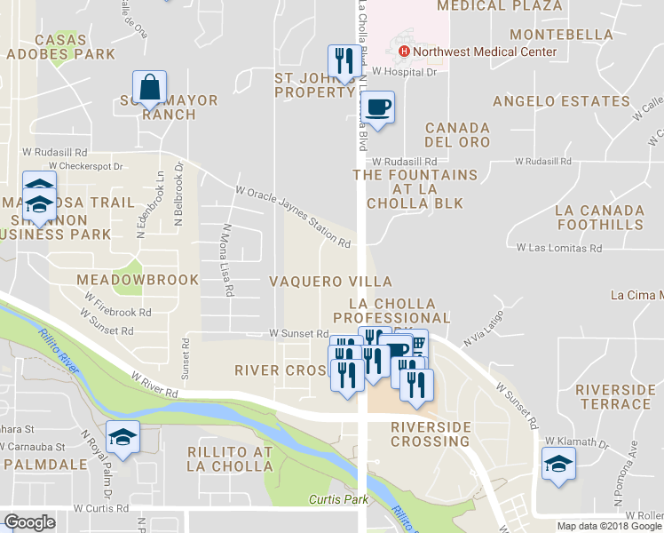 map of restaurants, bars, coffee shops, grocery stores, and more near 5742 North Trisha Lane in Tucson