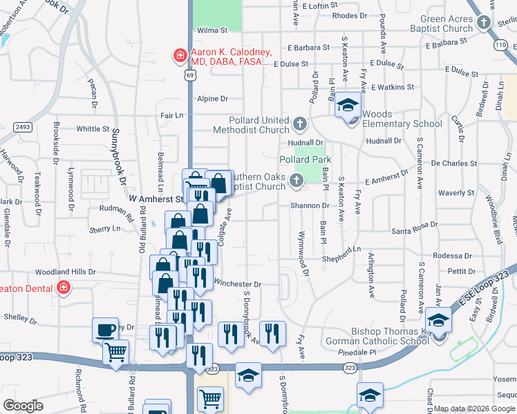 map of restaurants, bars, coffee shops, grocery stores, and more near 504 Lehigh Place in Tyler