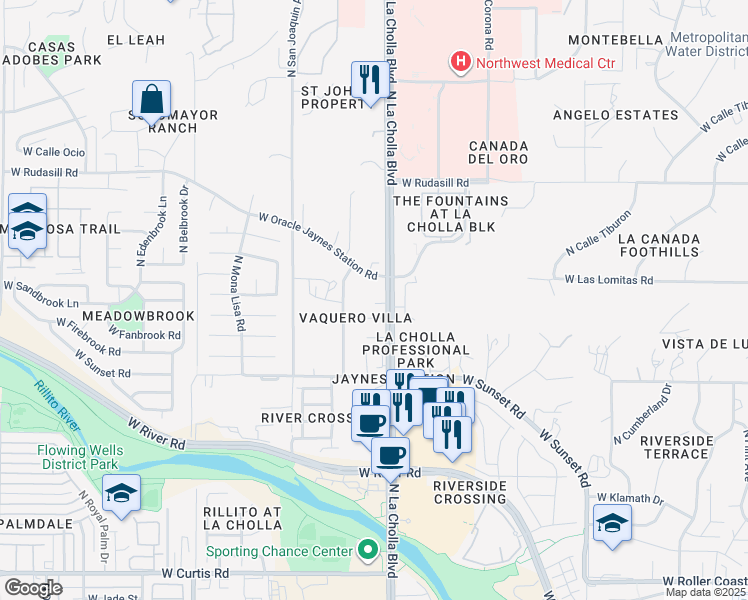 map of restaurants, bars, coffee shops, grocery stores, and more near 5742 North Trisha Lane in Tucson