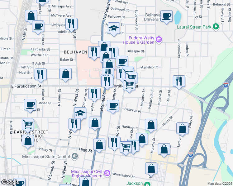 map of restaurants, bars, coffee shops, grocery stores, and more near 953 North Street in Jackson