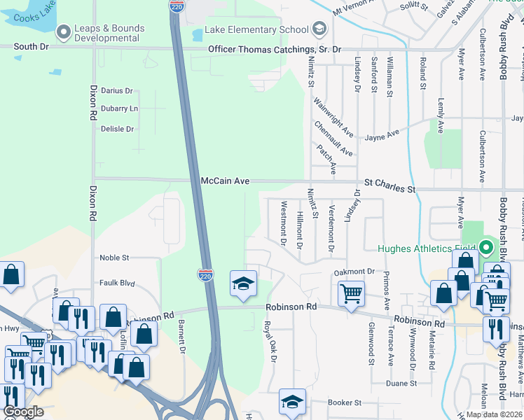 map of restaurants, bars, coffee shops, grocery stores, and more near 4605 Larchmont Street in Jackson
