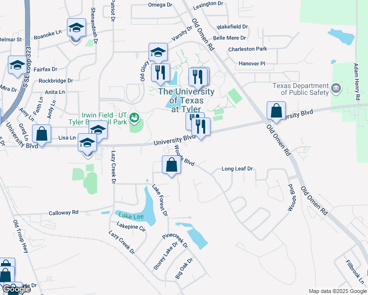 map of restaurants, bars, coffee shops, grocery stores, and more near 3505 Spur 248 in Tyler