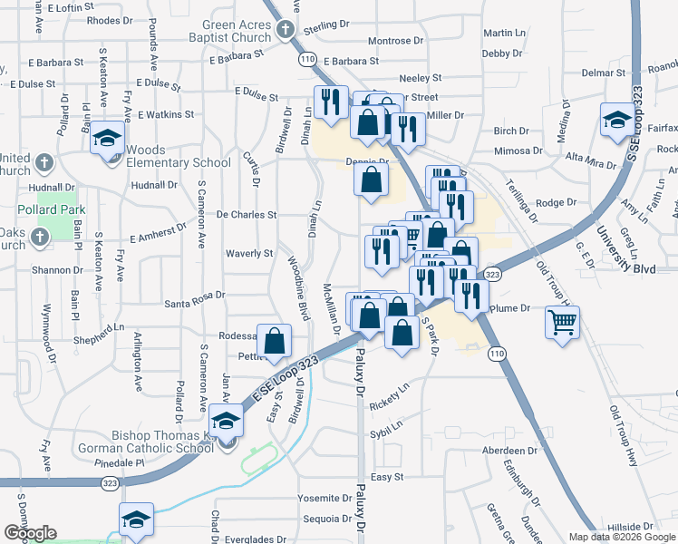 map of restaurants, bars, coffee shops, grocery stores, and more near 3330 McMillan Drive in Tyler