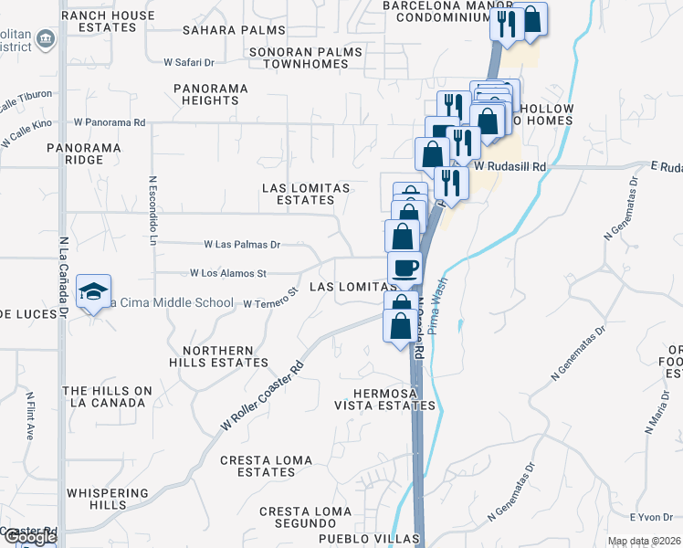 map of restaurants, bars, coffee shops, grocery stores, and more near 733 West Las Lomitas Road in Tucson