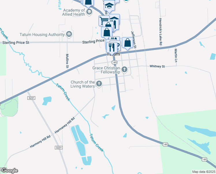 map of restaurants, bars, coffee shops, grocery stores, and more near 225 Stevens in Tatum