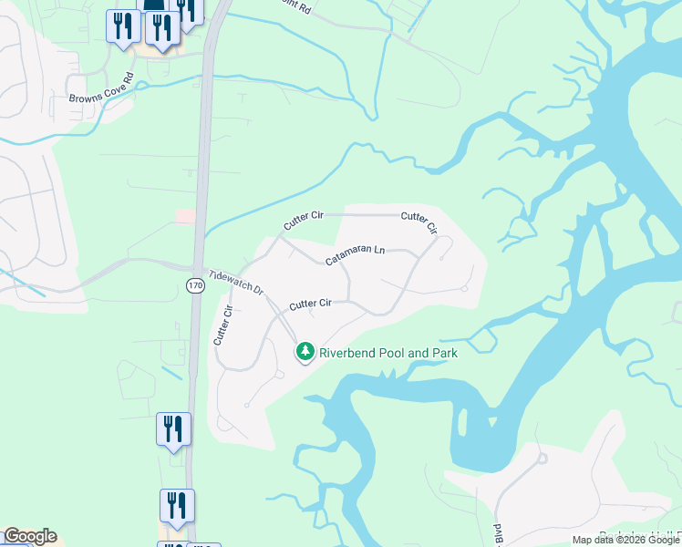 map of restaurants, bars, coffee shops, grocery stores, and more near 9 Rain Tree Lane in Bluffton