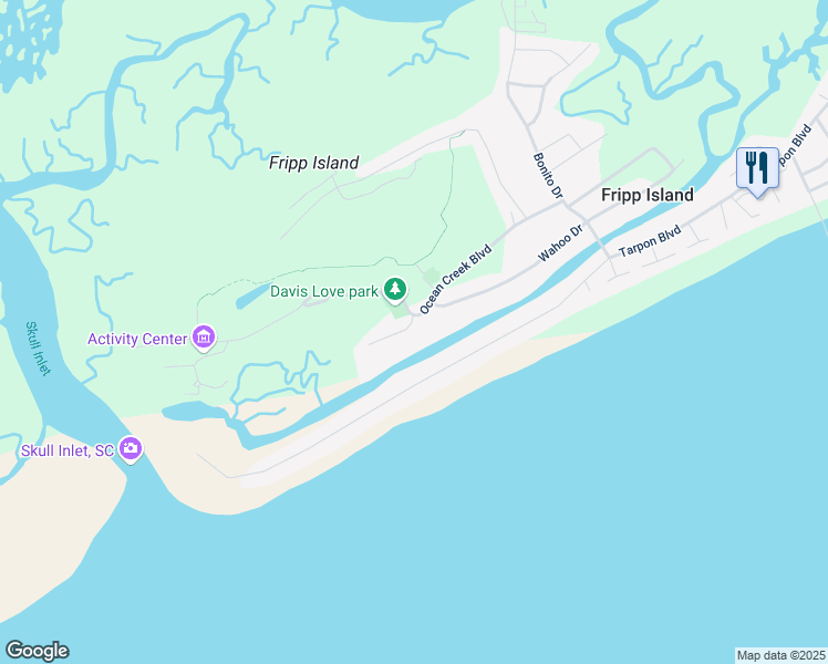 map of restaurants, bars, coffee shops, grocery stores, and more near 1 Crooked Creek Lane in Fripp Island