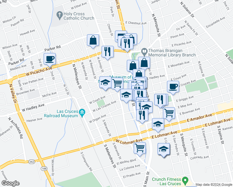 map of restaurants, bars, coffee shops, grocery stores, and more near 339 North Alameda Boulevard in Las Cruces