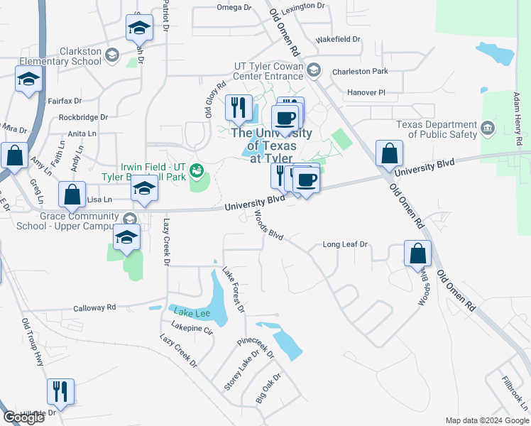 map of restaurants, bars, coffee shops, grocery stores, and more near 3505 University Boulevard in Tyler