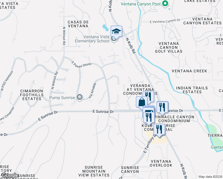 map of restaurants, bars, coffee shops, grocery stores, and more near 5726 North Paseo Otono in Tucson