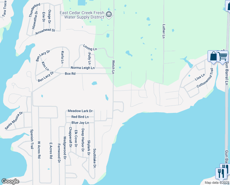 map of restaurants, bars, coffee shops, grocery stores, and more near 135 Welch Lane in Gun Barrel City