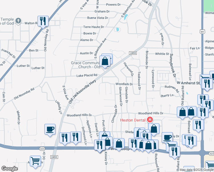 map of restaurants, bars, coffee shops, grocery stores, and more near 3414 Iberville Drive in Tyler