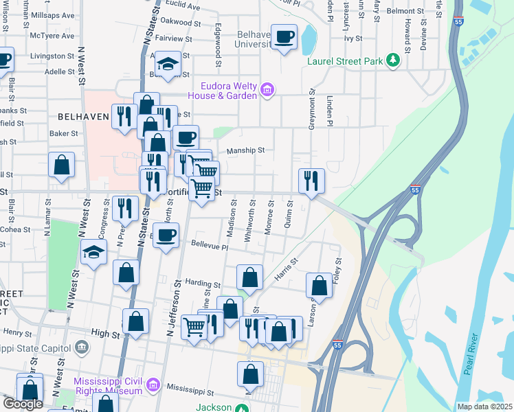 map of restaurants, bars, coffee shops, grocery stores, and more near 1046 Whitworth Street in Jackson