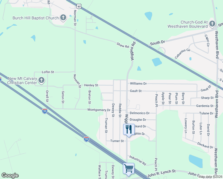map of restaurants, bars, coffee shops, grocery stores, and more near 1417 Dewey Street in Jackson