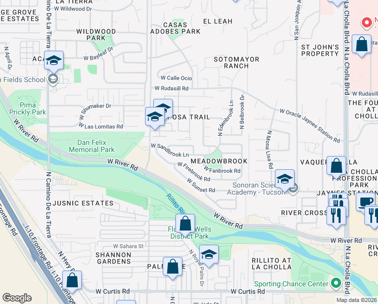 map of restaurants, bars, coffee shops, grocery stores, and more near 2736 W Sandbrook Ln in Tucson