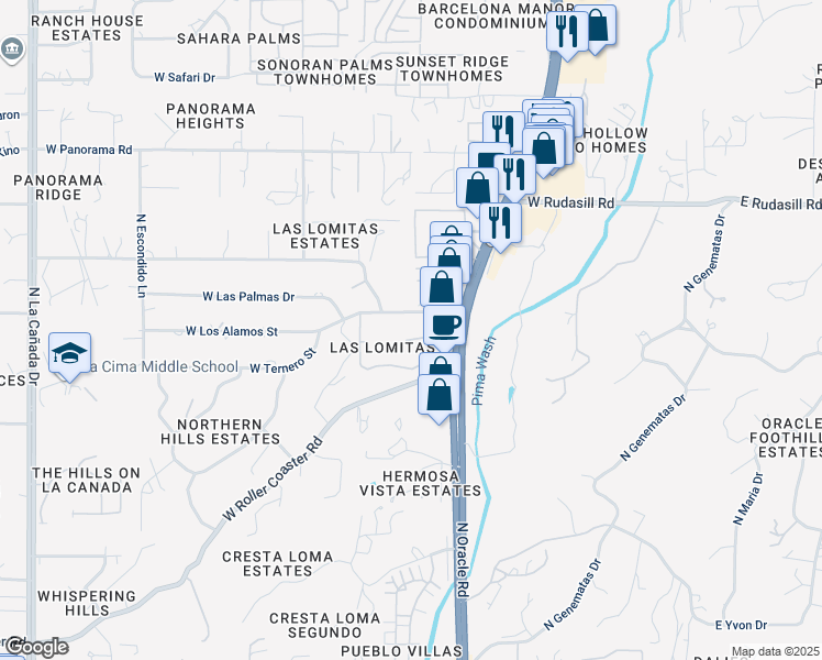map of restaurants, bars, coffee shops, grocery stores, and more near 637 West Las Lomitas Road in Tucson