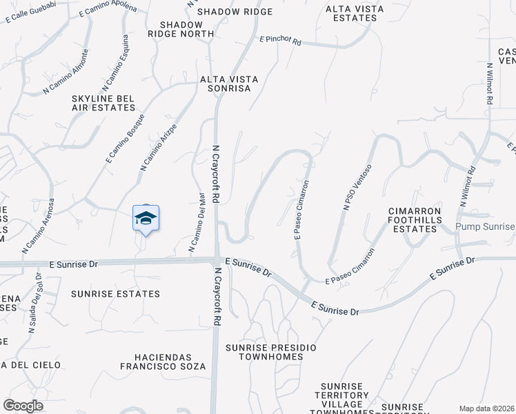 map of restaurants, bars, coffee shops, grocery stores, and more near 5572 East Paseo Cimarron in Tucson