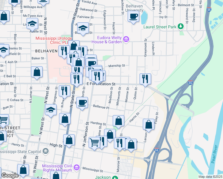 map of restaurants, bars, coffee shops, grocery stores, and more near 1038 Madison Street in Jackson