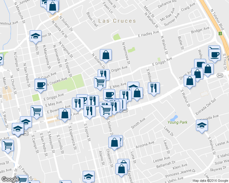 map of restaurants, bars, coffee shops, grocery stores, and more near 295 South Nevarez Street in Las Cruces