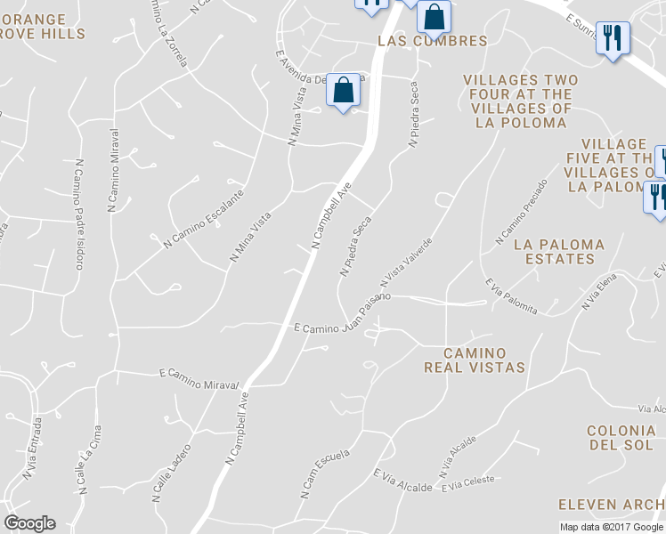 map of restaurants, bars, coffee shops, grocery stores, and more near 5745 North Piedra Seca in Tucson