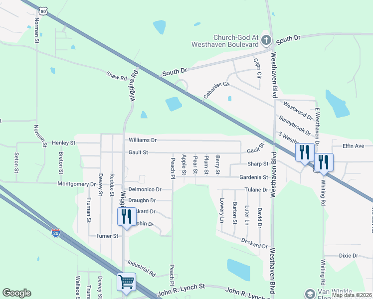 map of restaurants, bars, coffee shops, grocery stores, and more near 5350 Gault St in Jackson