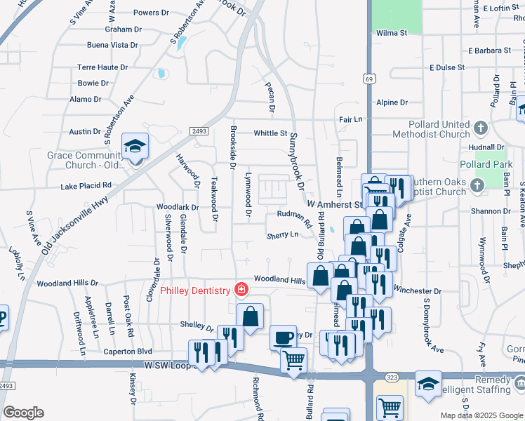 map of restaurants, bars, coffee shops, grocery stores, and more near 521 Rudman Road in Tyler
