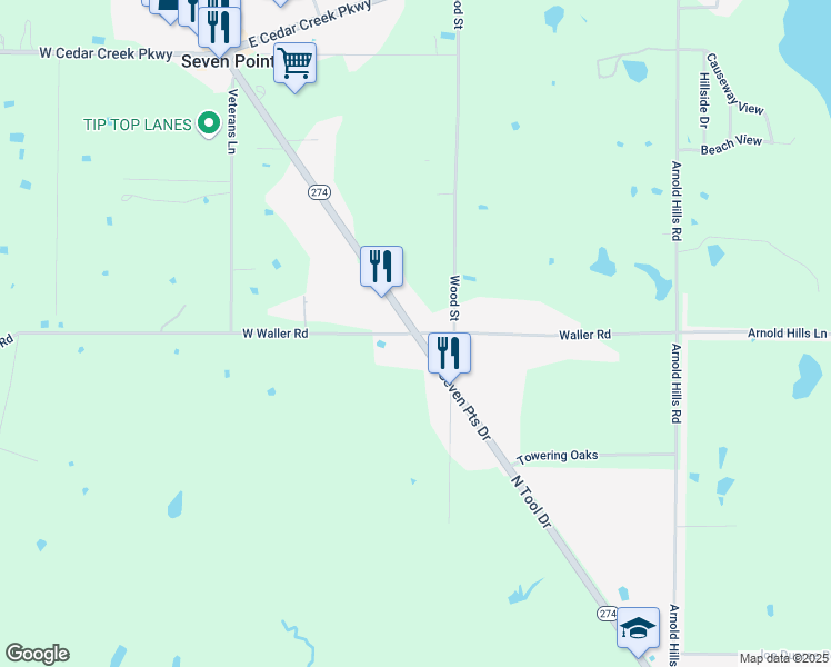 map of restaurants, bars, coffee shops, grocery stores, and more near South Seven Points Drive in Seven Points