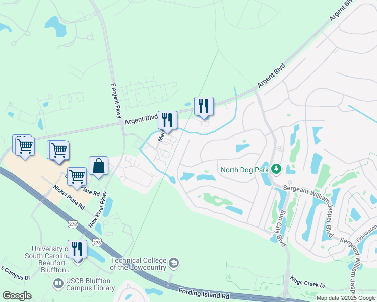 map of restaurants, bars, coffee shops, grocery stores, and more near 2418 Freshwater Lane in Bluffton