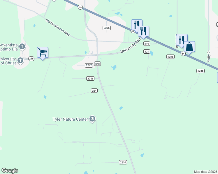 map of restaurants, bars, coffee shops, grocery stores, and more near 11605 FM 848 in Tyler