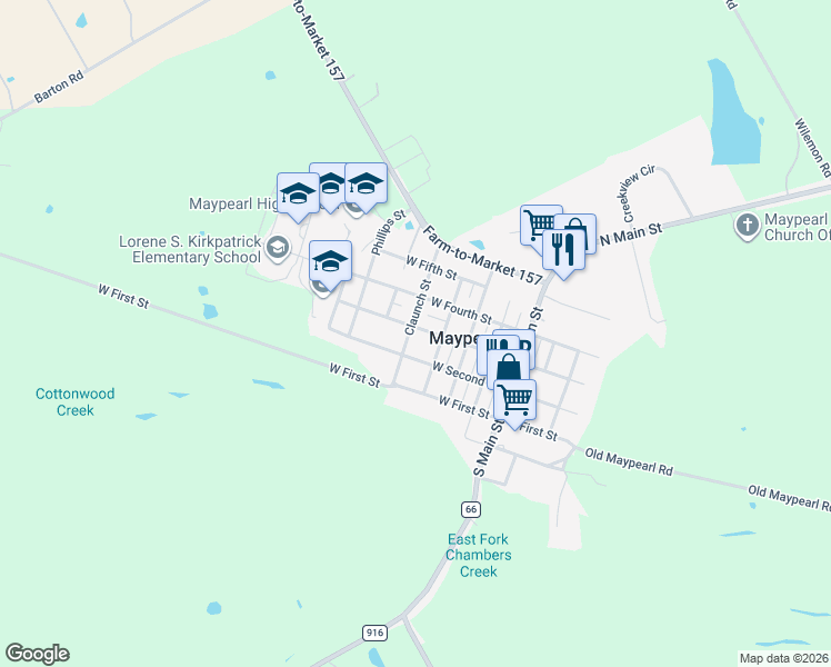 map of restaurants, bars, coffee shops, grocery stores, and more near 410 West Third Street in Maypearl