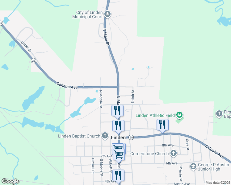 map of restaurants, bars, coffee shops, grocery stores, and more near 504 North Main Street in Linden