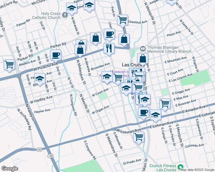 map of restaurants, bars, coffee shops, grocery stores, and more near 402 West Court Avenue in Las Cruces