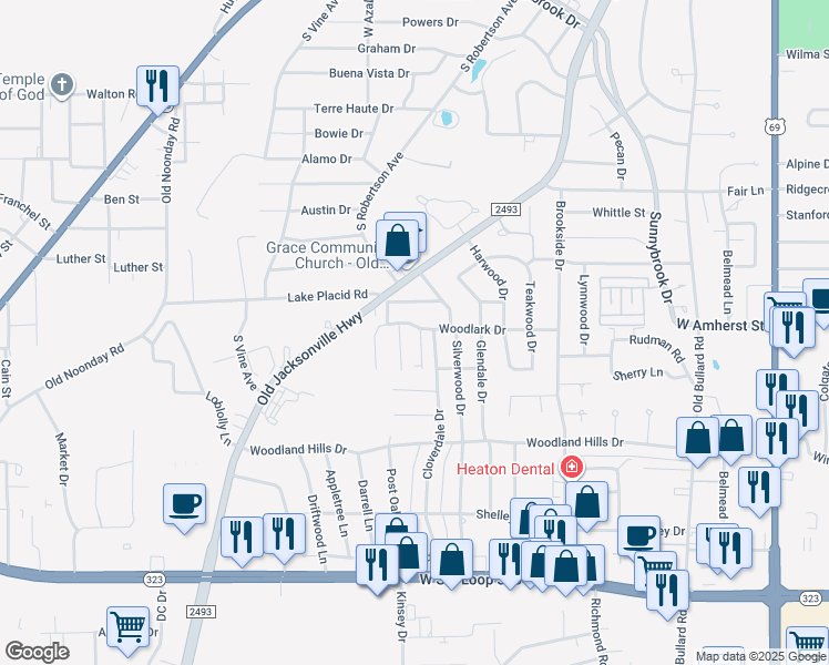 map of restaurants, bars, coffee shops, grocery stores, and more near 3405 Cottage Court in Tyler
