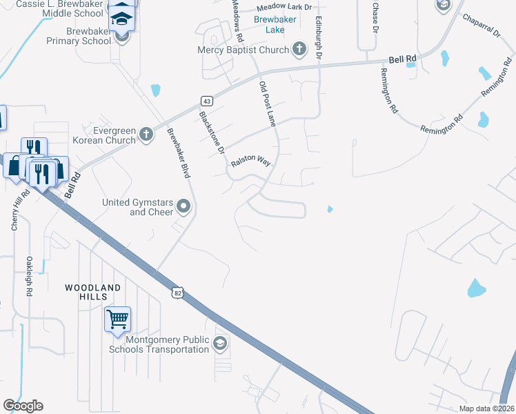 map of restaurants, bars, coffee shops, grocery stores, and more near 5893 Hammermill Loop in Montgomery