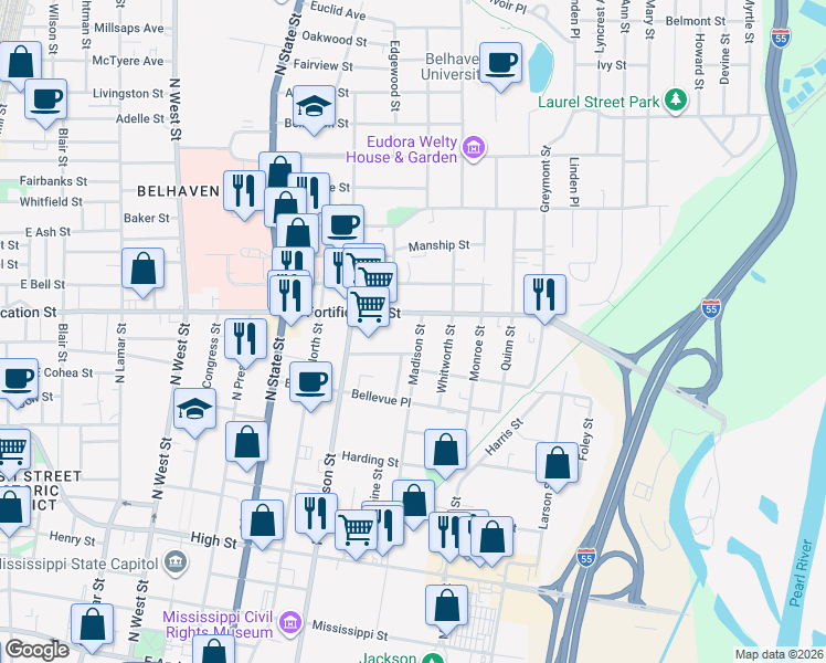 map of restaurants, bars, coffee shops, grocery stores, and more near 1038 Madison Street in Jackson