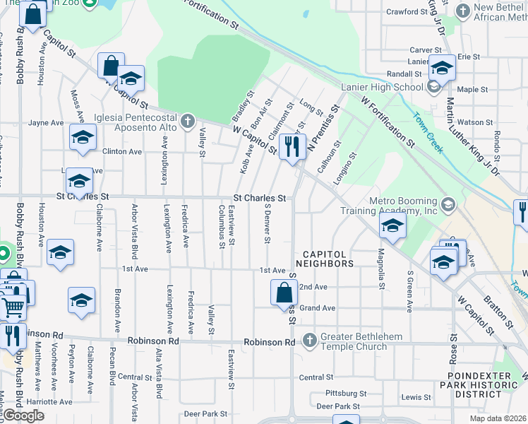 map of restaurants, bars, coffee shops, grocery stores, and more near 221 South Denver Street in Jackson