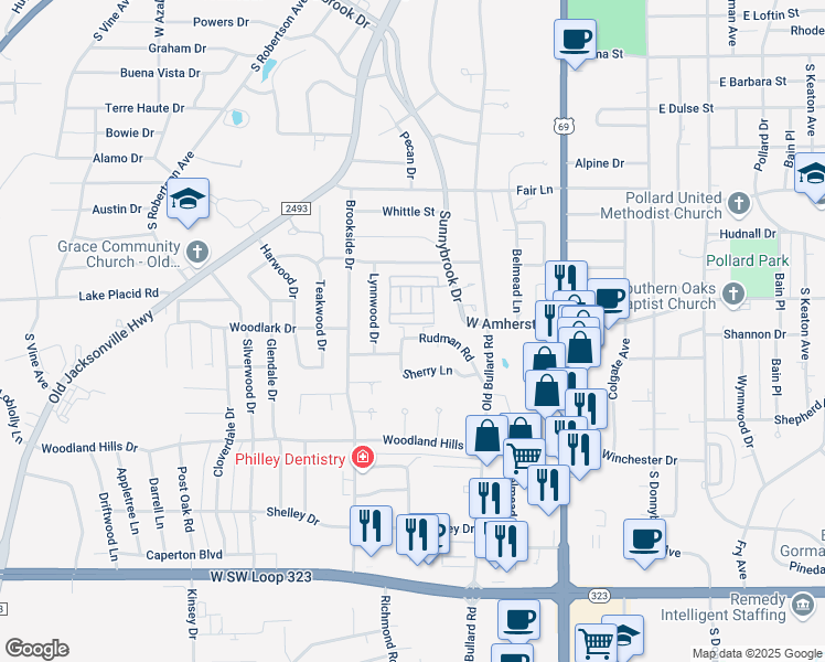 map of restaurants, bars, coffee shops, grocery stores, and more near 521 Rudman Road in Tyler