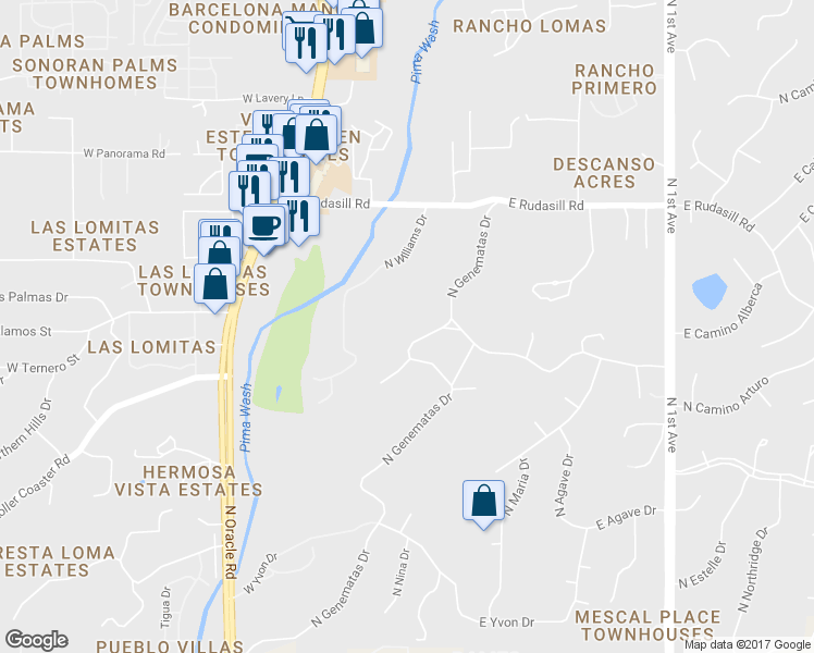map of restaurants, bars, coffee shops, grocery stores, and more near 5717 North Genematas Drive in Tucson
