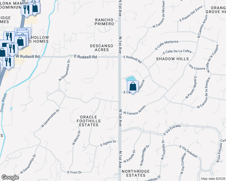 map of restaurants, bars, coffee shops, grocery stores, and more near 5775 North 1st Avenue in Tucson