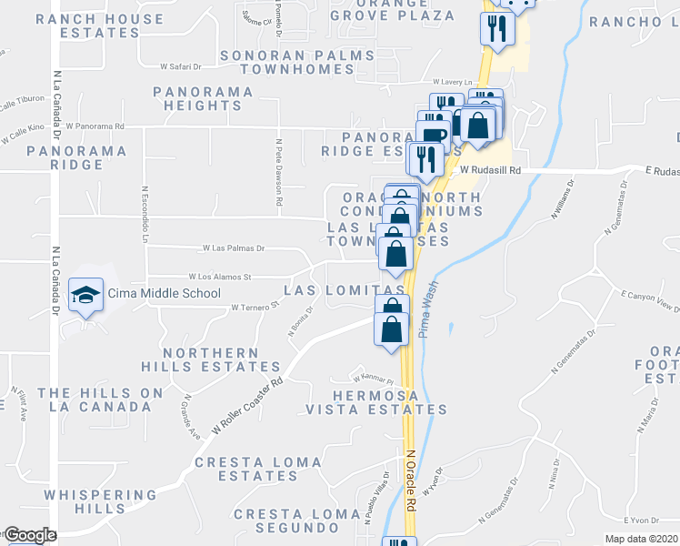 map of restaurants, bars, coffee shops, grocery stores, and more near 733 West Las Lomitas Road in Tucson