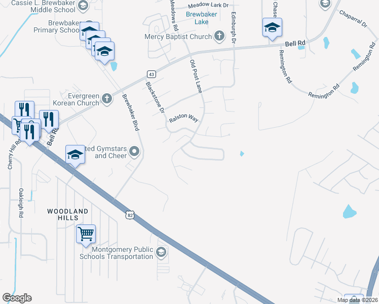 map of restaurants, bars, coffee shops, grocery stores, and more near 5893 Hammermill Loop in Montgomery