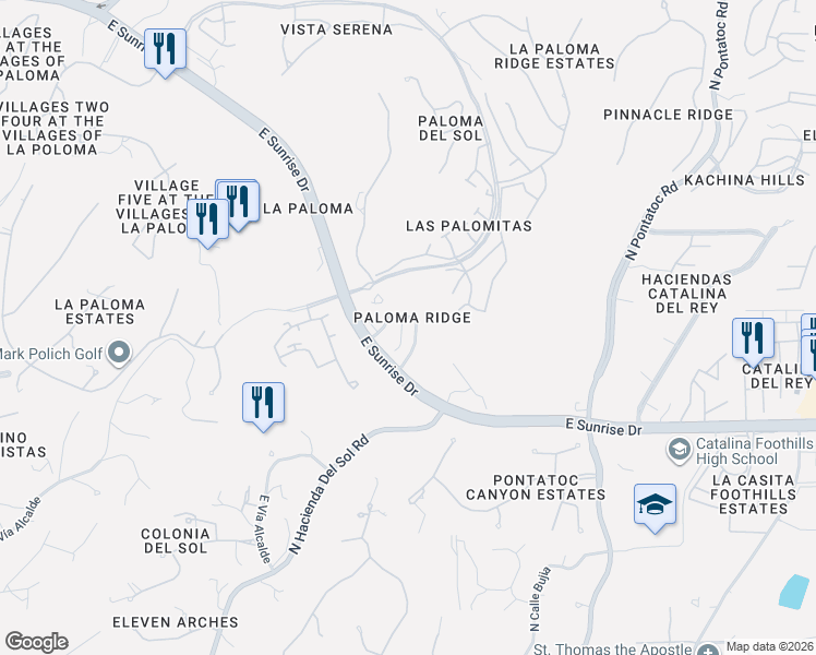 map of restaurants, bars, coffee shops, grocery stores, and more near 5781 North Winding Woods Place in Tucson