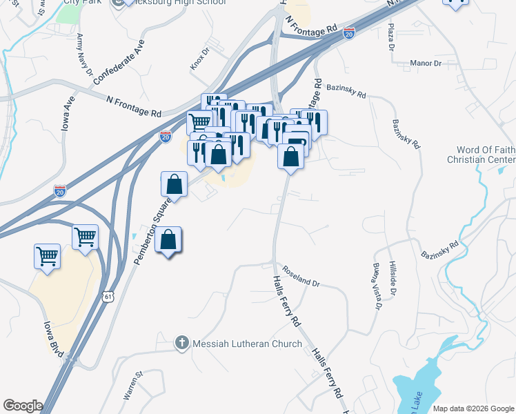 map of restaurants, bars, coffee shops, grocery stores, and more near 122 Williams Road in Vicksburg