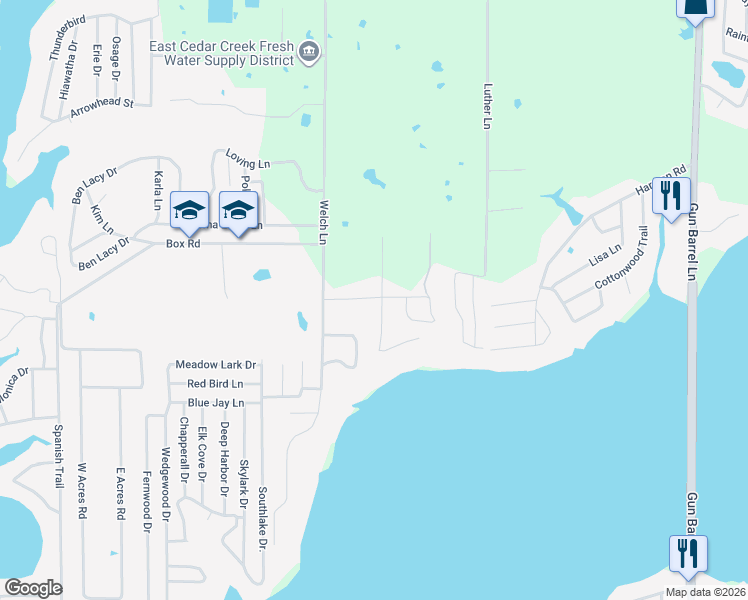 map of restaurants, bars, coffee shops, grocery stores, and more near 125 Sundrift Drive in Gun Barrel City