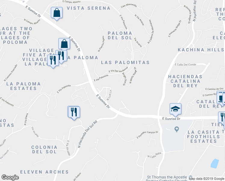 map of restaurants, bars, coffee shops, grocery stores, and more near 5790 North Loft Lane in Tucson