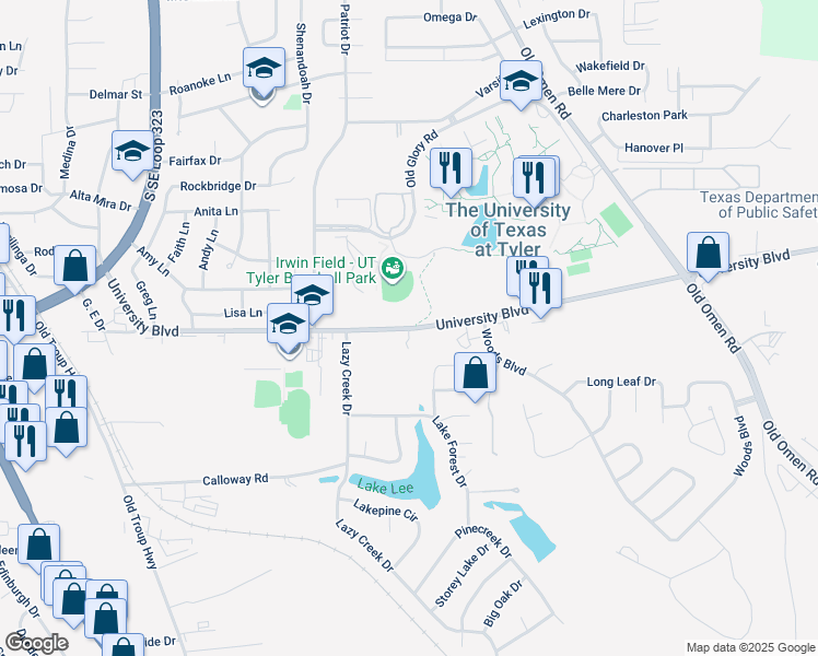 map of restaurants, bars, coffee shops, grocery stores, and more near 248 Spur in Tyler